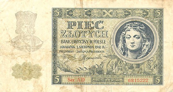 Banknoty Monety Numizmatyka Filatelistyka - PolandP101-5Zlotych-1941-donatedTW_f.jpg