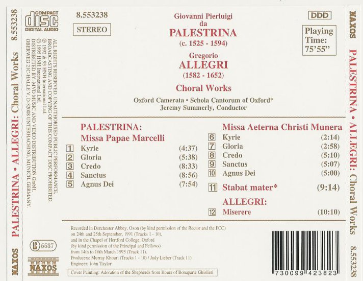 Choral Works by Palestrina, Allegri Oxford Camerata - Jeremy Summerly - Back.jpg